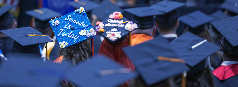 Graduation viewed from behind seated graduates