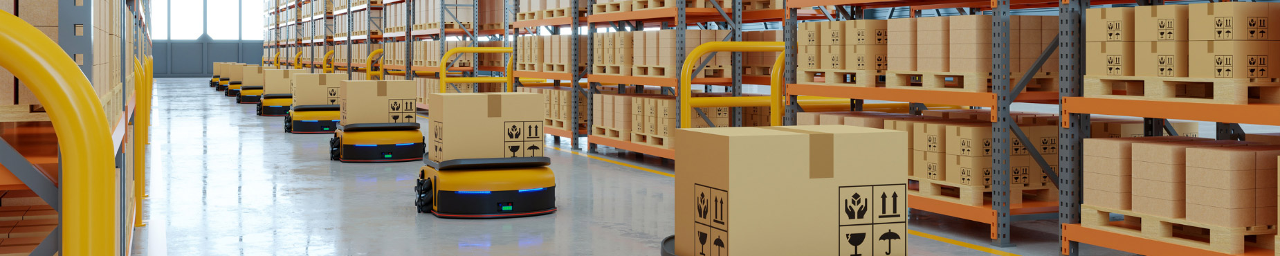 a warehouse with robots delivering boxes