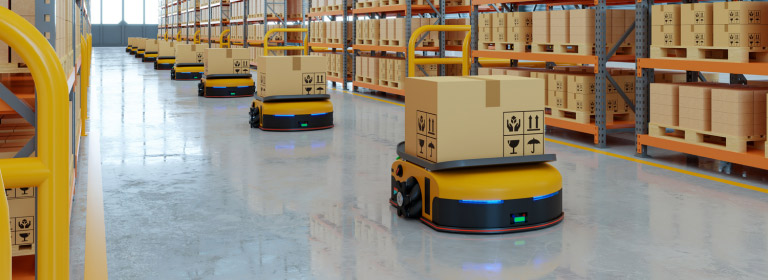 a warehouse with robots delivering boxes